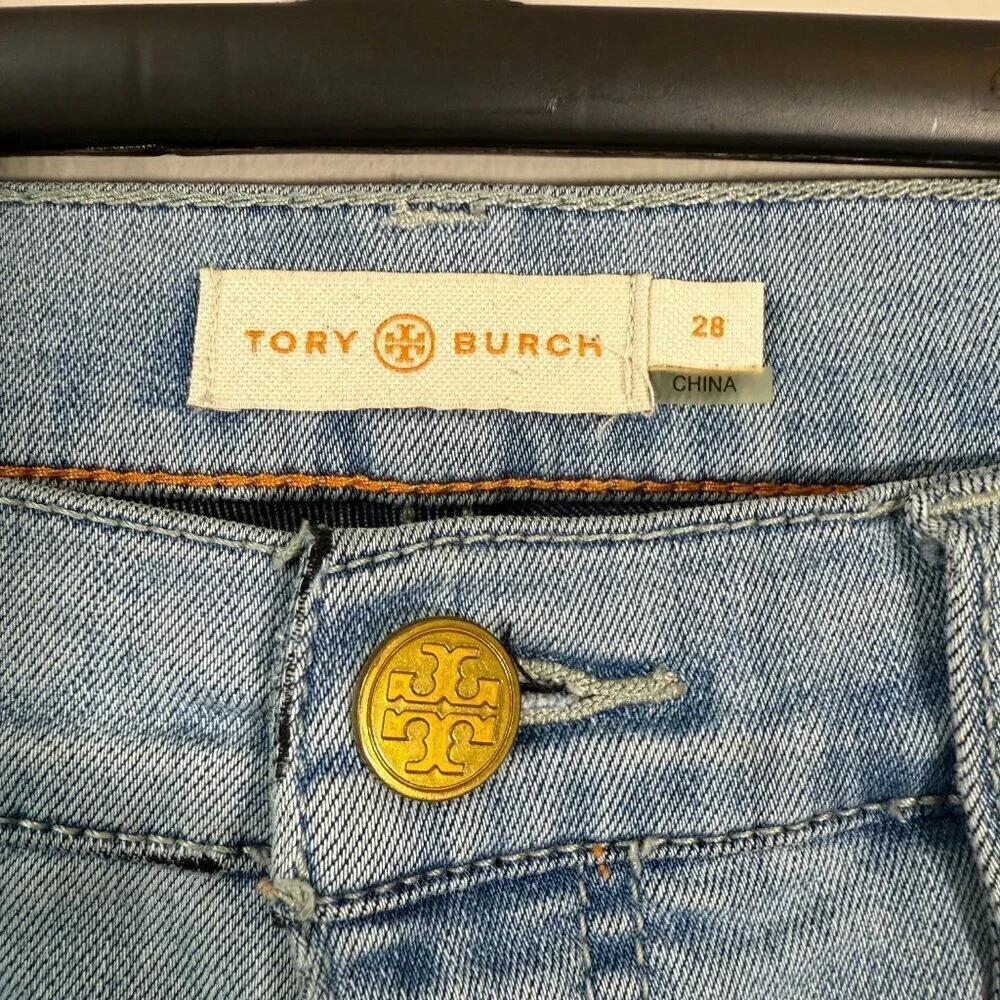 Tory Burch Straight Leg Denim Jeans Womens 28 Blue Stretch Logo Designer Classic